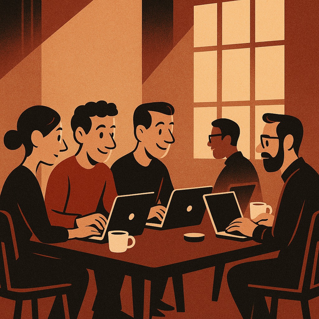 Two indie developers working side-by-side in a coworking space