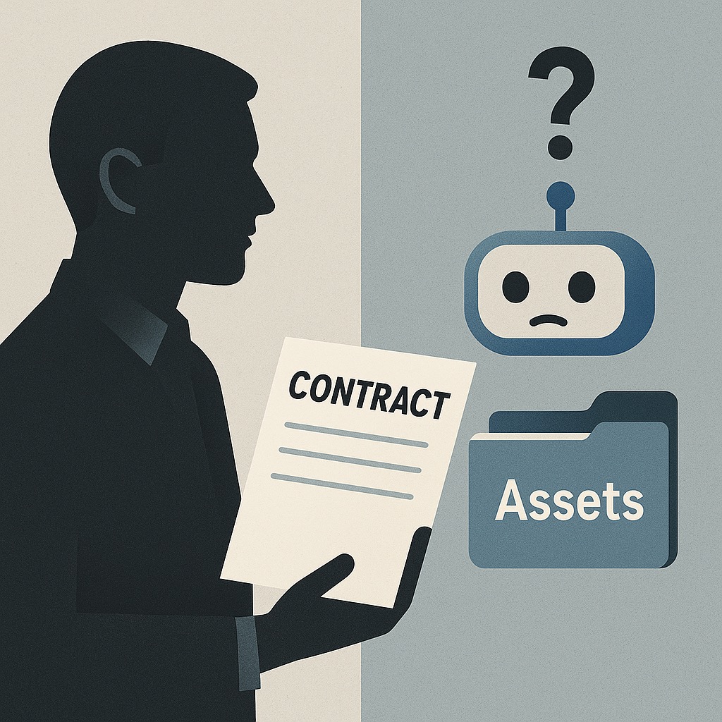 Human lawyer reviewing contract, AI chatbot in background