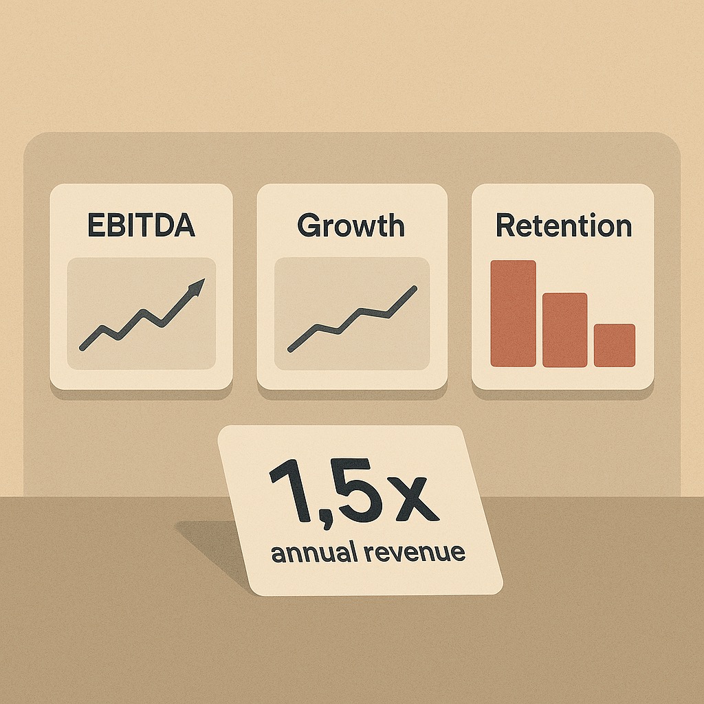 Dashboard showing EBITDA, Growth, and Retention metrics